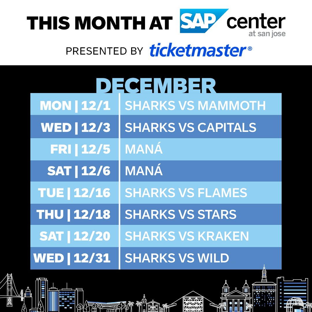 Your December plans are here. See you at SAP Center!

Get all your event tickets from <a href="/Ticketmaster/">Ticketmaster</a> at sapcenter.com.