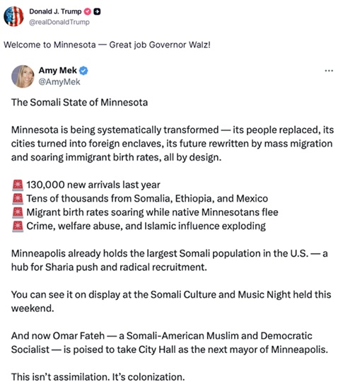 ayako_ca's tweet image. ミネソタ州の、ソマリア人コミュニティを取材しているジャーナリスト、イスラムの拡大戦略に警告

トランプ大統領が、ミネソタ州のソマリア人コミュニティを取材しているジャーナリストの投稿をTruth Socialに再投稿(右)。…