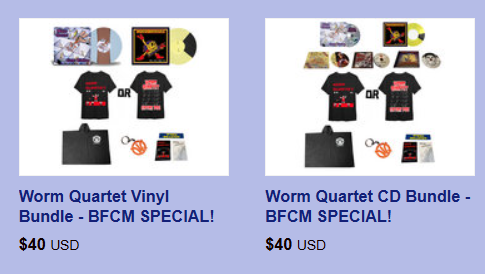 Last day for this!  Get a bundle with all the available Worm Quartet vinyl or CDs along with a shirt, keychain, poncho, and stickers for 40 bucks!!   wormquartet.bandcamp.com