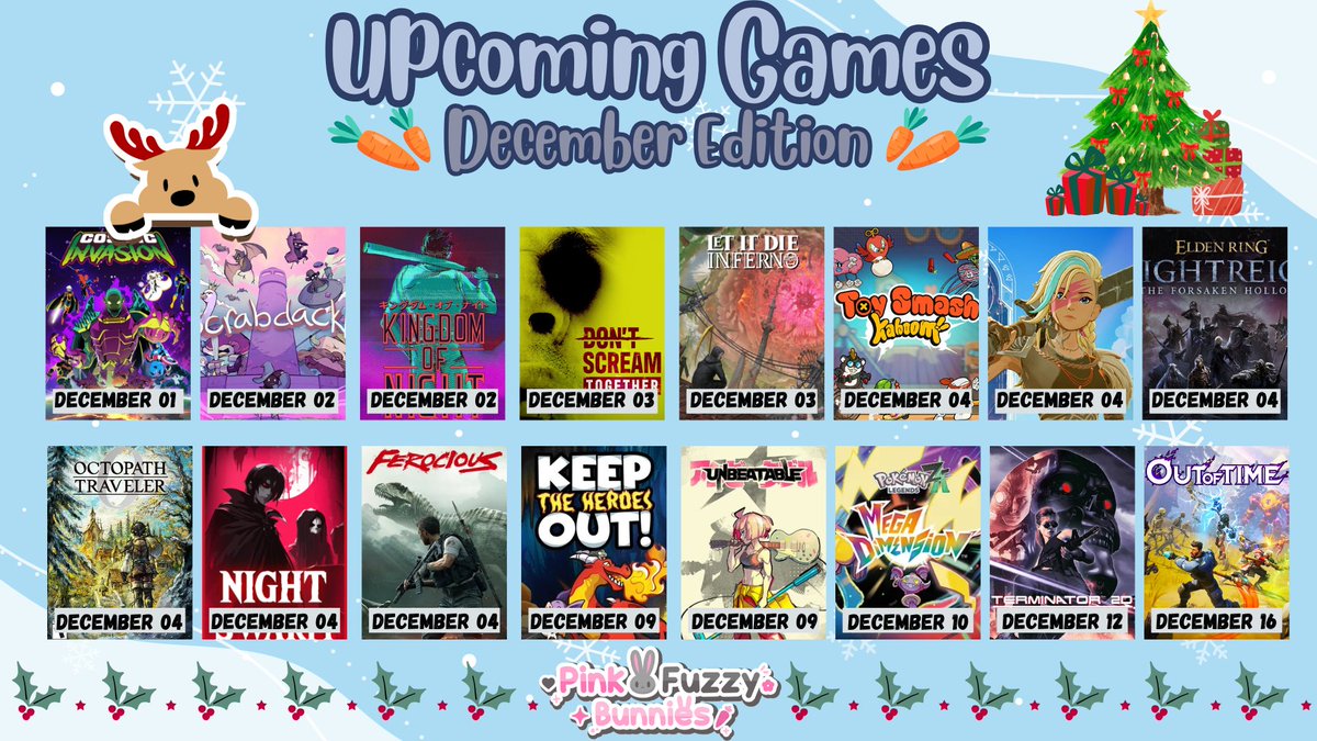 🎄Upcoming Games December Edition 🎁

A couple big name DLC made the list for this month cos a few of us will be losing some hours to it

 As always Title Pic and Screenshot with prices in USD :) 

#pinkfuzzybunnies #upcominggames #streamteam