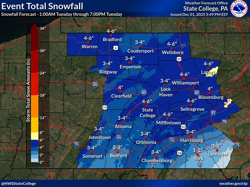 ⚠️ Winter Weather Advisories are in effect for all of central Pennsylvania beginning late tonight continuing through early Tuesday afternoon.
❄️ Snowfall will generally top out between 4-6" with isolated areas potentially topping out just above 6" of snowfall. #PAwx