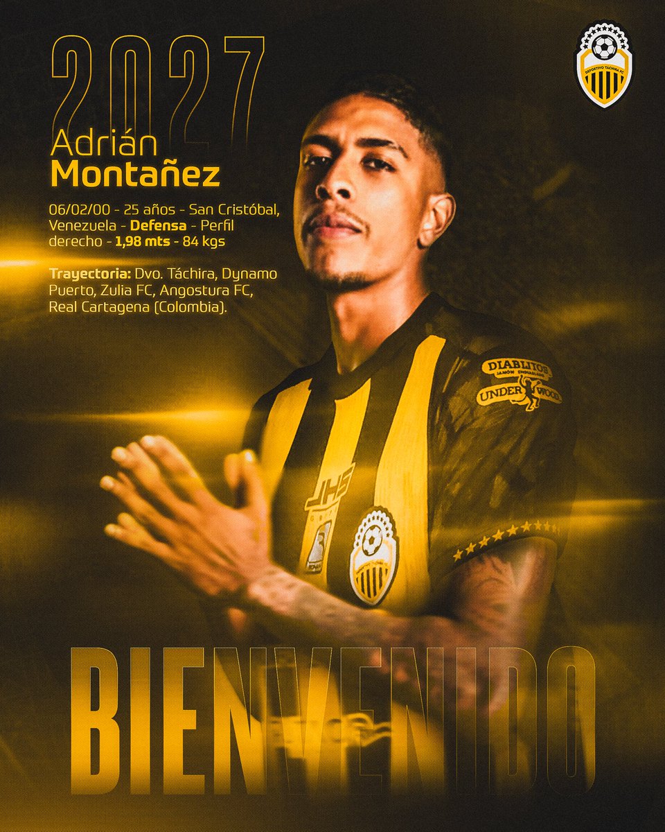 🔝 Bienvenido a casa, Adrián, donde un día soñaste, creciste y debutaste 👏

Te deseamos todo el éxito en este nuevo reto, como buen tachirense estamos seguros que estarás a la altura del compromiso 🛡️⚔️

Adrián Enrique Montañez Ibargüen ✍️ 2027

#VamosTáchira 💛🖤
