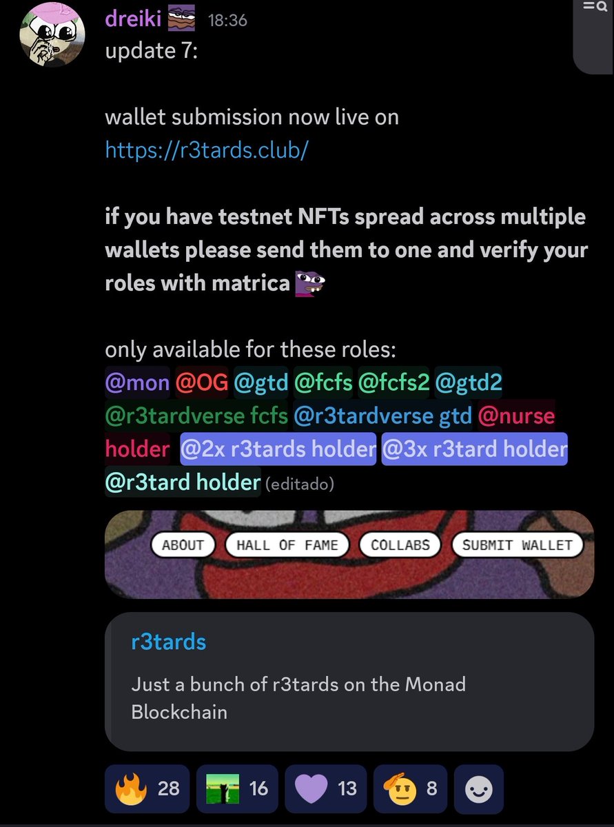 You can now submit your wallet on the <a href="/r3tardsNFT/">r3tards (mainnet arc)</a> page. 

r3tards.club