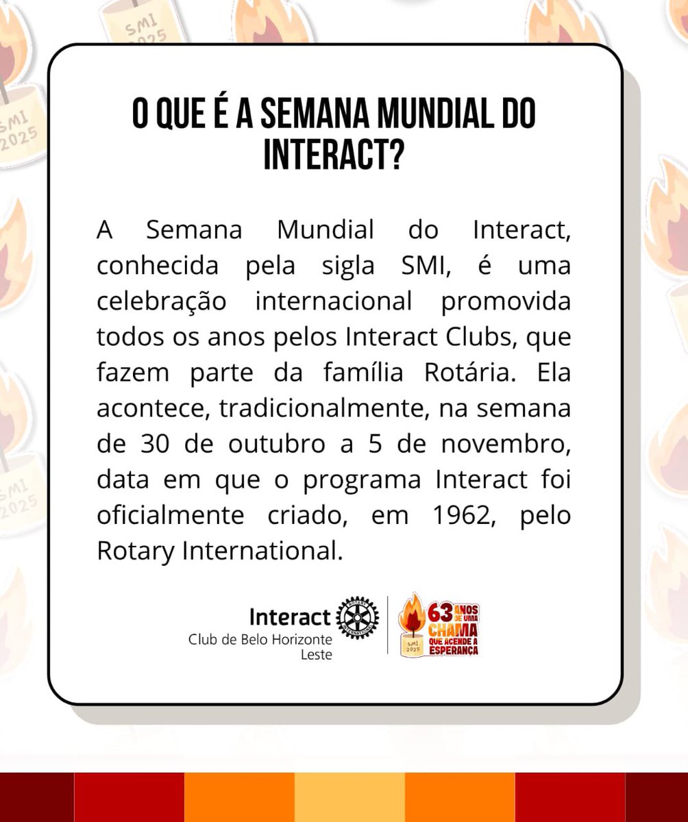 interactbhleste's tweet photo. 🔥 Primeiro dia da SMI 2025! 🔥
Damos início à Semana Mundial do Interact, uma celebração que une clubes do mundo todo em torno do companheirismo, do serviço e da esperança! 
Que essa chama continue acendendo sonhos e inspirando mudanças por onde passamos. ✨ https://t.co/OuLDvpWdRS