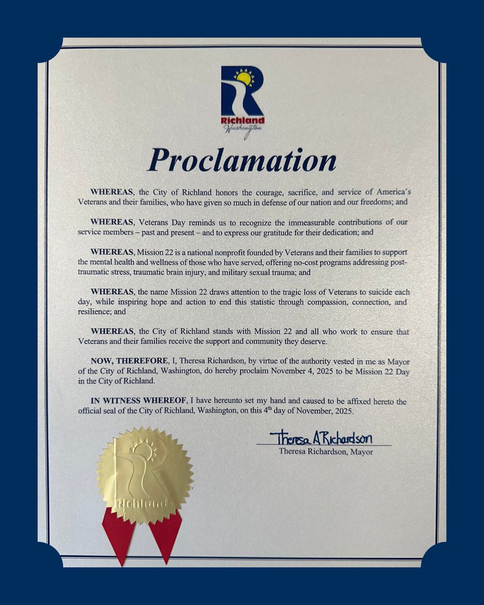 Gratitude in action from Richland, WA.

Huge thanks to Mayor Theresa Richardson for honoring Mission 22’s work, and to WA State Leader Monte Dunnington for making it happen.

This is how awareness becomes action.

#Mission22 #VeteranSupport #UnitedInTheWar