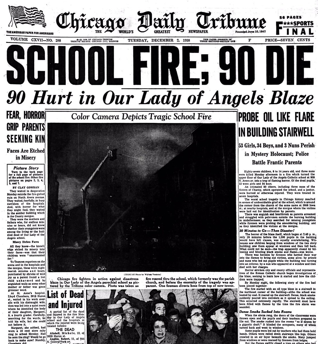 RetroNewsNow's tweet photo. On the afternoon of December 1, 1958, shortly before classes were to be dismissed, a massive fire engulfed Chicago’s Our Lady of the Angels School, killing 92 students and 3 nuns. The tragedy led to sweeping changes in school safety design and fire safety codes https://t.co/meTTi5iwHS