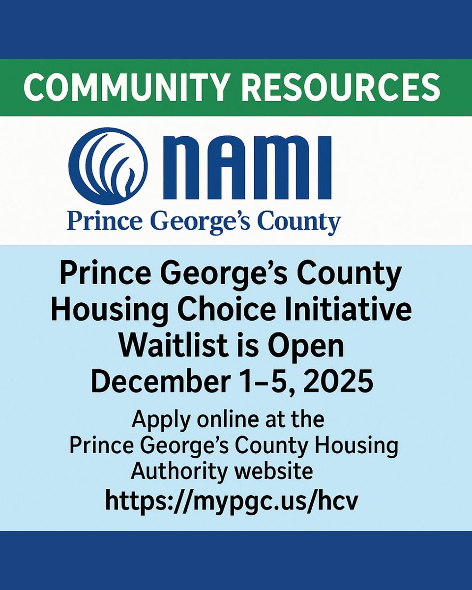 ⏰ Closes TOMORROW!
Prince George’s County Housing Choice Initiative Waitlist ends Dec 5. If you or someone you know needs rental assistance, act now.
Apply: mypgc.us/hcv

Shared by <a href="/NAMIPGC/">NAMI PGC</a> as a community resource.
#LastChance #PGCounty