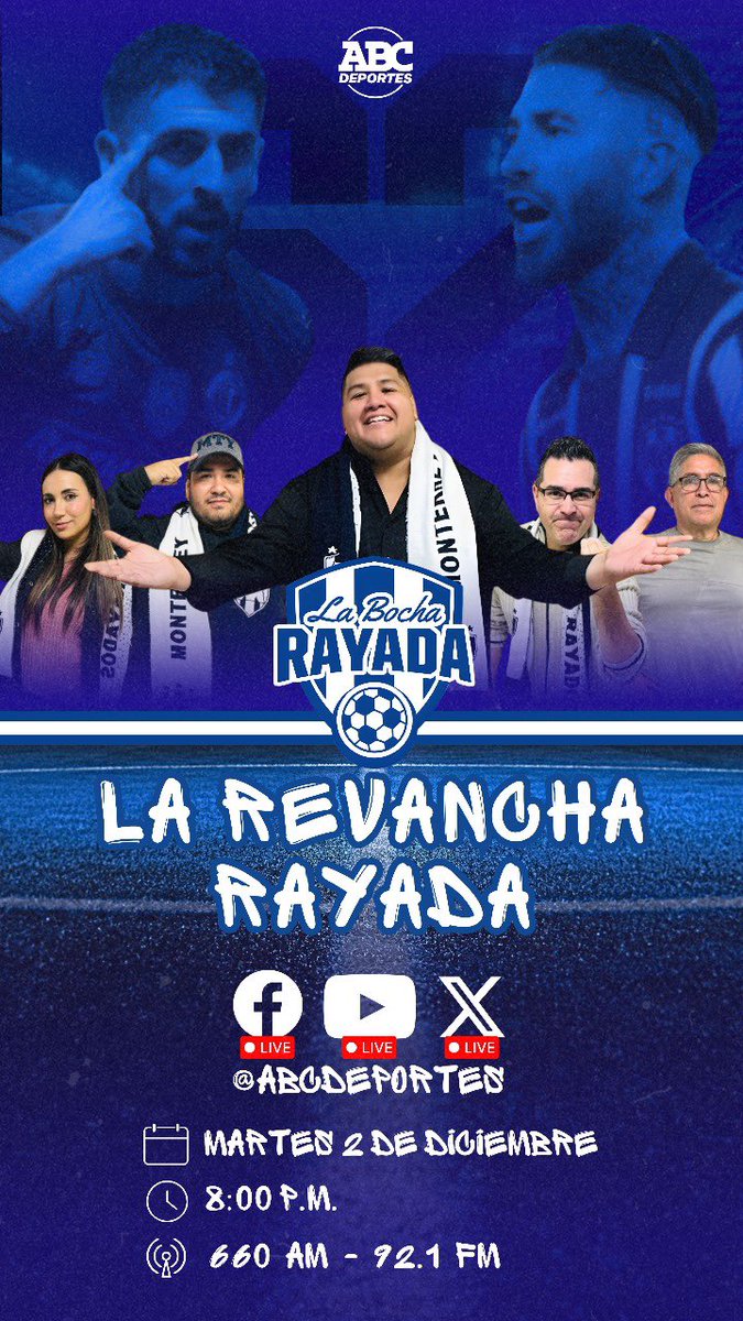 rooquismo's tweet image. Martes 8:00 pm

El programa de radio más #Rayado de todo #NuevoLeón: #LaBochaRayada por @abc_deportes_mx 🔵⚪️

Tendremos todo el Análisis del #Monterrey vs #Toluca con el profesor #PepeTreviño y todo todo… referente a el partido más importante para #Rayados en toda la temporada