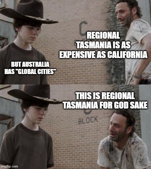 AvidCommentator's tweet image. In California, the house price to income ratio is 7.8x (Zillow, FRED).

In regional Tasmania, the house price to income ratio is 7.7x (Cotality, ANU).