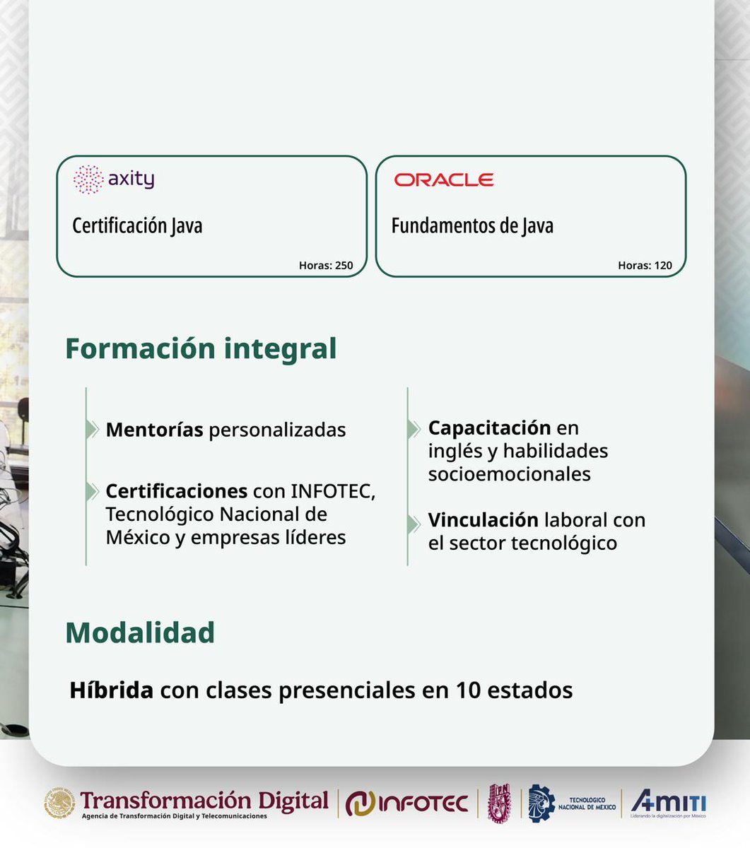 AgenciaGobMX's tweet image. 🚀 ¿Quieres dar el siguiente paso en tecnología?
Certifícate en Java en el Centro Público de Formación en Inteligencia Artificial

👩‍💻 Aprende a crear apps, domina uno de los lenguajes más demandados y conéctate con oportunidades reales 

🎓 Formación pública con doble…
