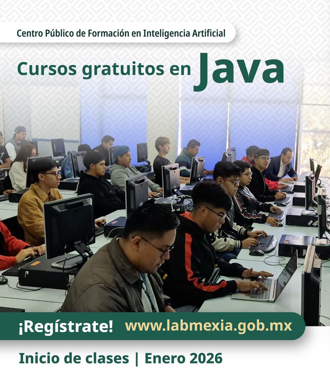 AgenciaGobMX's tweet image. 🚀 ¿Quieres dar el siguiente paso en tecnología?
Certifícate en Java en el Centro Público de Formación en Inteligencia Artificial

👩‍💻 Aprende a crear apps, domina uno de los lenguajes más demandados y conéctate con oportunidades reales 

🎓 Formación pública con doble…