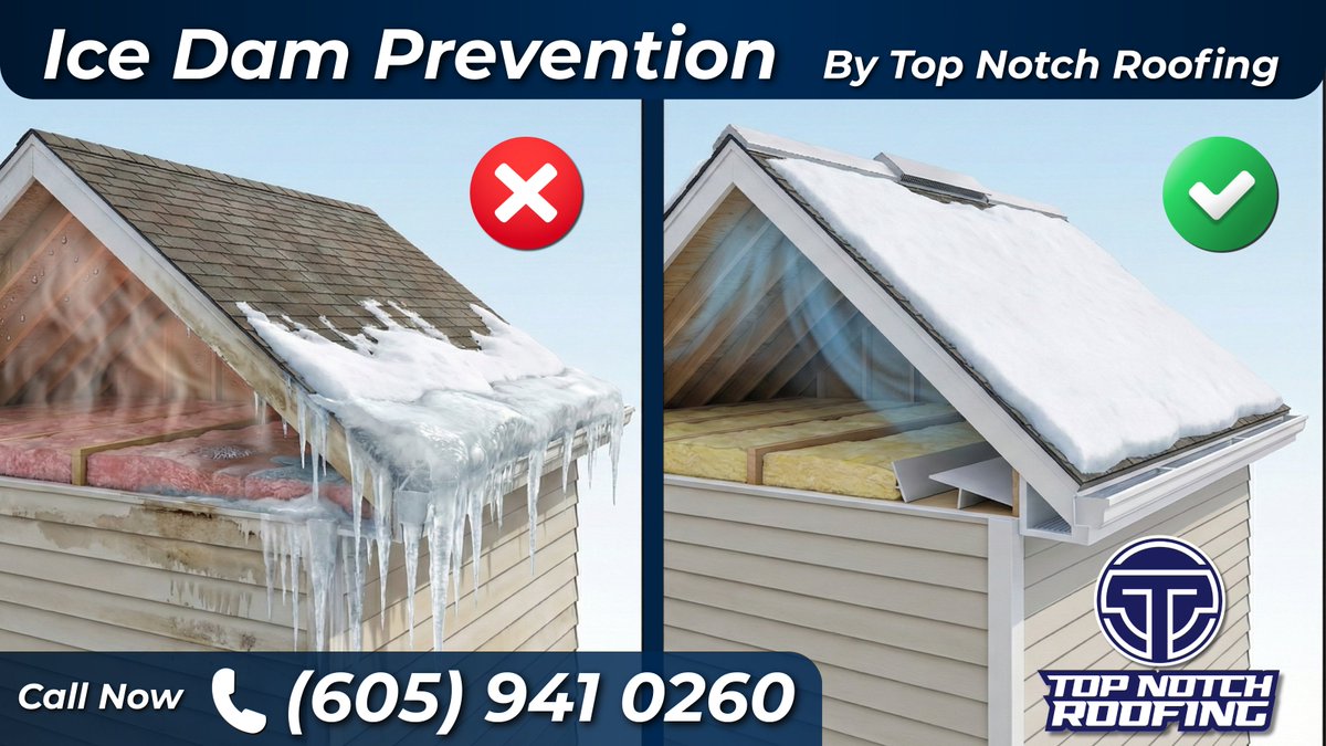roofing_top25's tweet image. Snow is here in Sioux Falls ❄️ and ice buildup on your roof means poor attic ventilation and heat loss. Our Ice Dam Prevention System protects your home with better airflow and insulation🏠
Contact us: (605) 941-0260 
#TopNotchRoofing #IceDamPrevention #RoofingExperts #WinterRoof