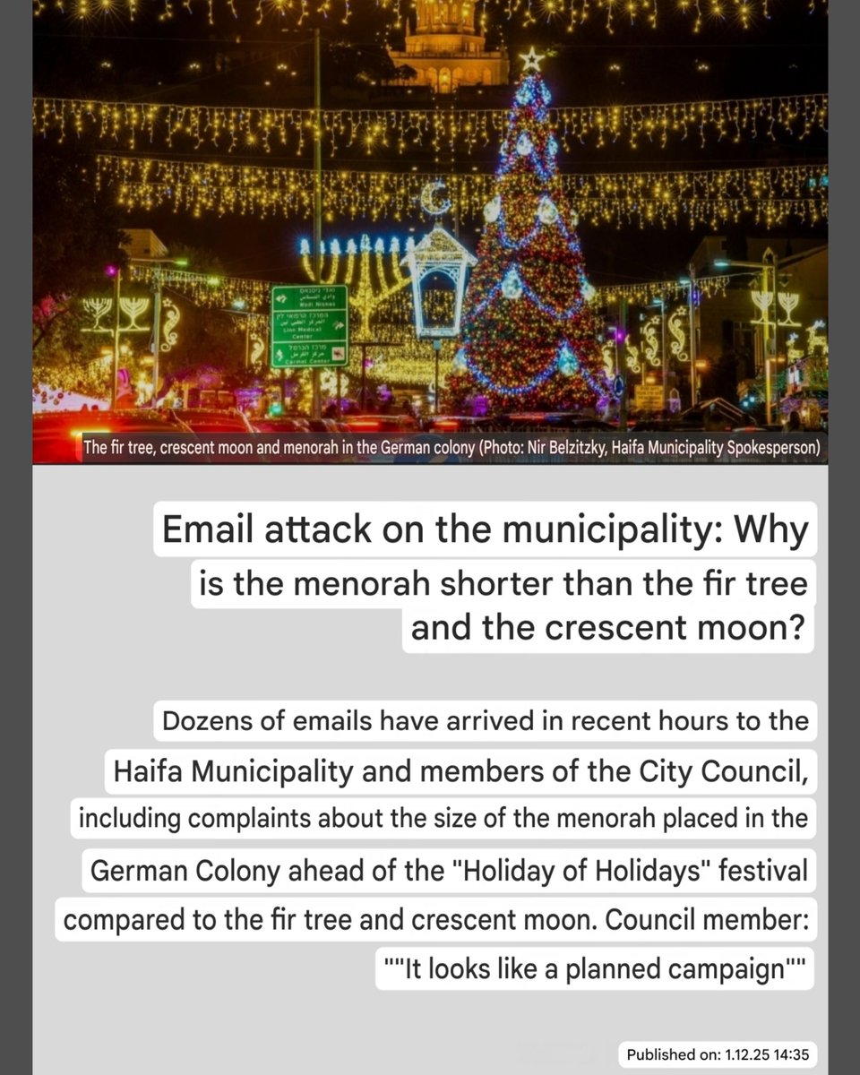 ireallyhateyou's tweet image. #NotTheOnion but Haifa local paper Kolbo: as part of a pseudo-coexistence festival held by the Haifa municipality, a Hanukka menorah, a crescent and a Christmas tree were placed in a main square in the city. Some Jewish residents are apparently furious that the menorah is smaller