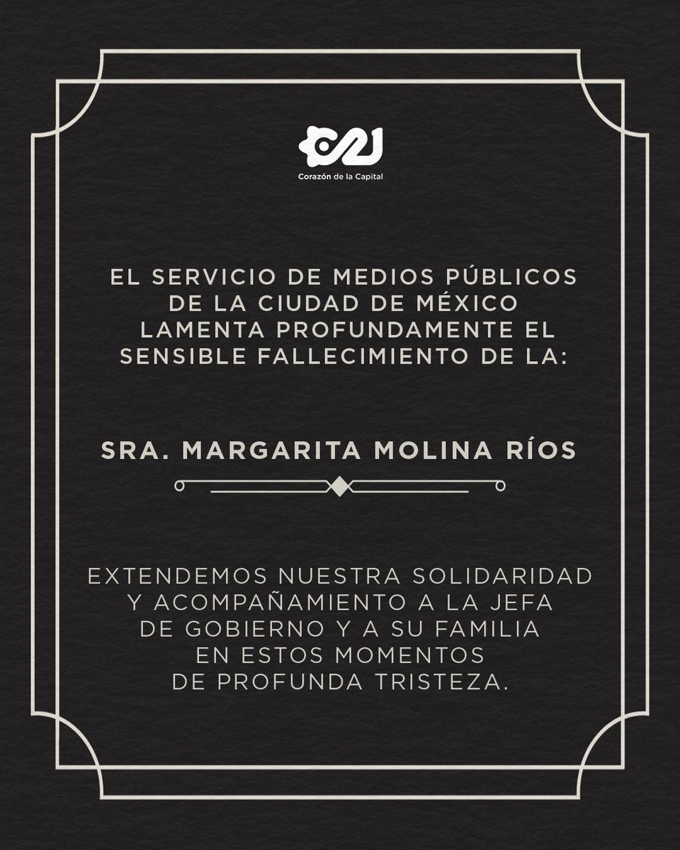 El equipo de Capital 21, expresa su más sentido pésame por el sensible fallecimiento de la Sra. Margarita Molina Ríos, madre de la #JefaDeGobierno de la Ciudad de México, <a href="/ClaraBrugadaM/">Clara Brugada Molina</a>.

Extendemos nuestra solidaridad y acompañamiento a la Jefa de Gobierno y a su familia.