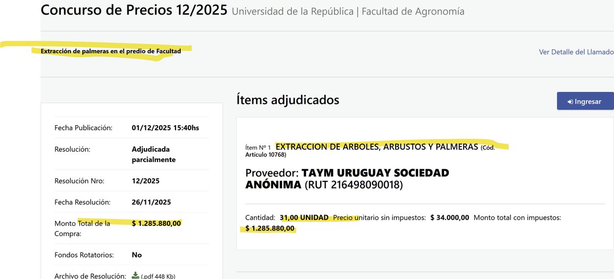MartinFitz23506's tweet image. PICUDO ROJO:  Para que tengan una noción de lo que le COSTO a los URUGUAYOS.  $ 1.285.880 por RETIRAR 31 PALMERAS de la Facultad de Agronomía. $41.480 por palmera.
