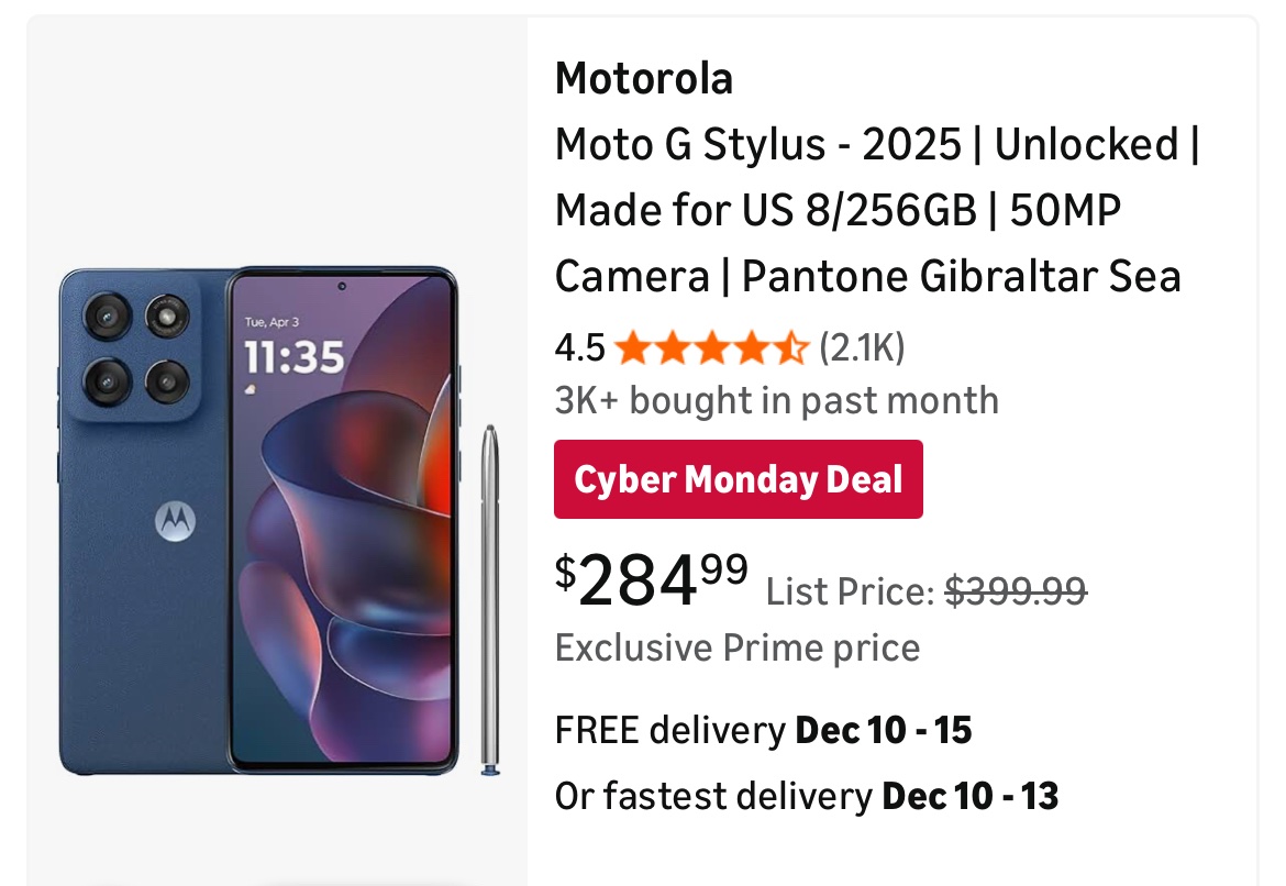 SaleSavage's tweet photo. Moto G Stylus 2025 $284.99 (29% OFF $399.99!) – 256GB unlocked, built-in stylus for doodles, 50MP cam, 3-day battery. 2.1K+ 4.5★ ‘iPad vibes in phone form.’ Prime exclusive, ends TONIGHT. TikTok fam already eating; stack w/ Bose? #MotoG #CyberMonday https://t.co/xsHC0Tdjne