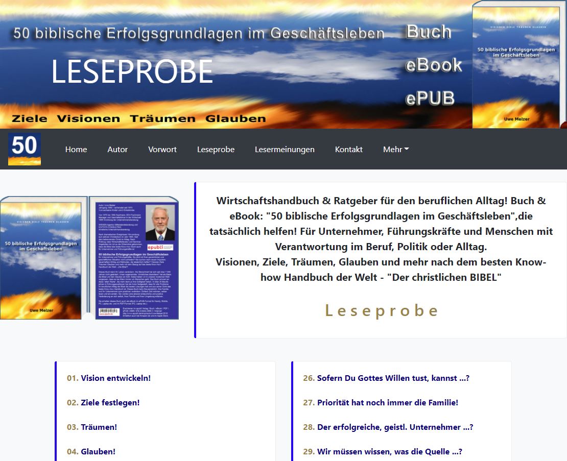 #Leseprobe: 50 #biblische #Erfolgsgrundlagen im #Geschäftsleben für #Unternehmer und #Führungskräfte, die tatsächlich helfen! Visionen Ziele Träumen Glauben und mehr aus dem besten Knowhow Handbuch der Welt: 50-erfolgsgrundlagen.de/b50-leseprobe.…