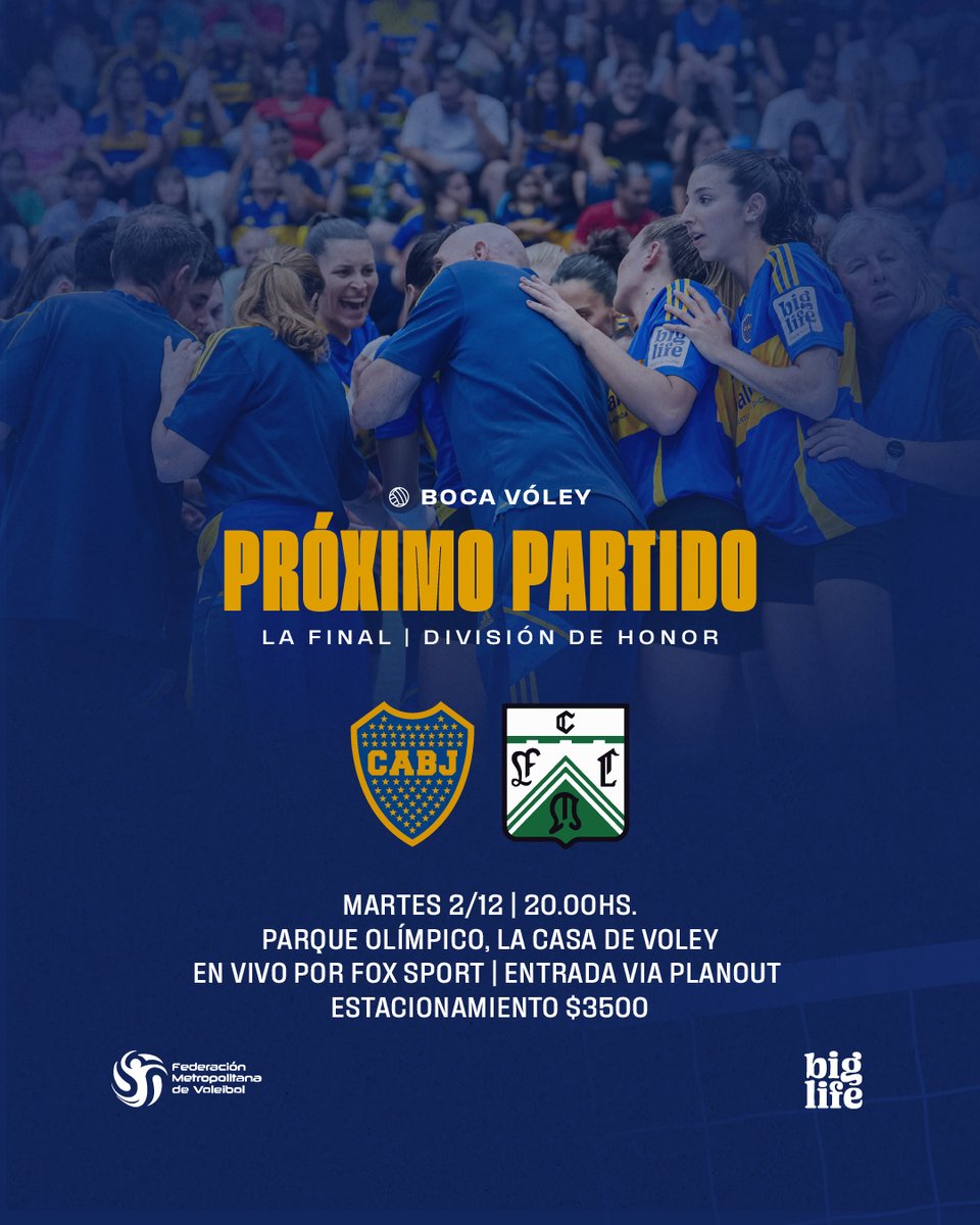 🔜 ¡𝗣𝗥𝗢́𝗫𝗜𝗠𝗢 𝗣𝗔𝗥𝗧𝗜𝗗𝗢!

👉 #DHRUS2025
📍Final
🏐 vs. Ferro
🗓️ Martes 2/12
🕔 20.00 horas
🏟️ Parque Olímpico, Avenida Roca 4170, CABA
🎟️ Entradas AGOTADAS
🎟️ Estacionamiento $3500
📺 En vivo por <a href="/FOXSportsArg/">Fox Sports Argentina</a> 

#DaleBoca 🔵🟡🔵