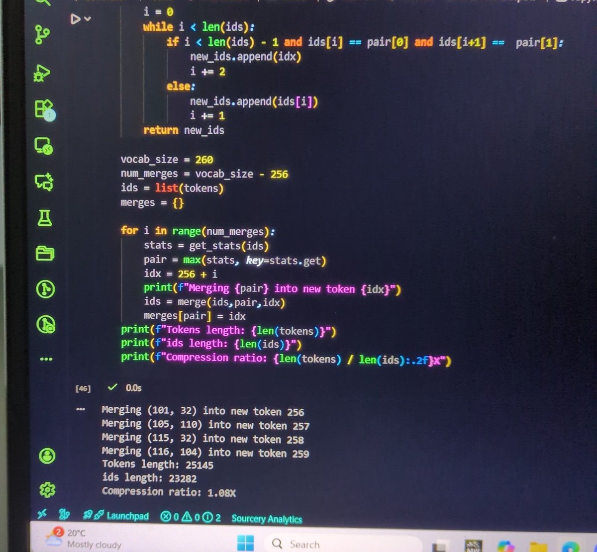 brian_ebiyau's tweet photo. Day 1 of #100DaysOfCode
Built a simple Byte Pair Encoding (BPE) training setup from scratch. It takes in a bunch of raw text, encodes it, and iteratively merges tokens until reaching the desired vocabulary size. More merges could improve the compression rate. https://t.co/YBkr1hYwDU