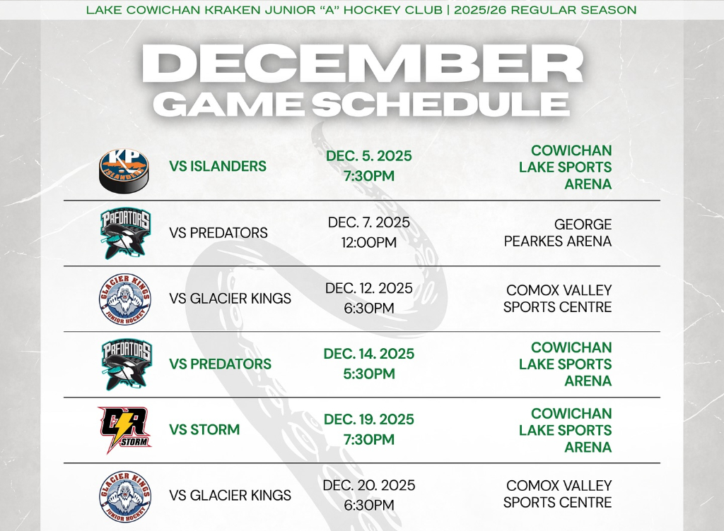 Lake Cowichan Kraken December schedule 
krakenhockey.ca/stats/schedule…  #VIJHL
