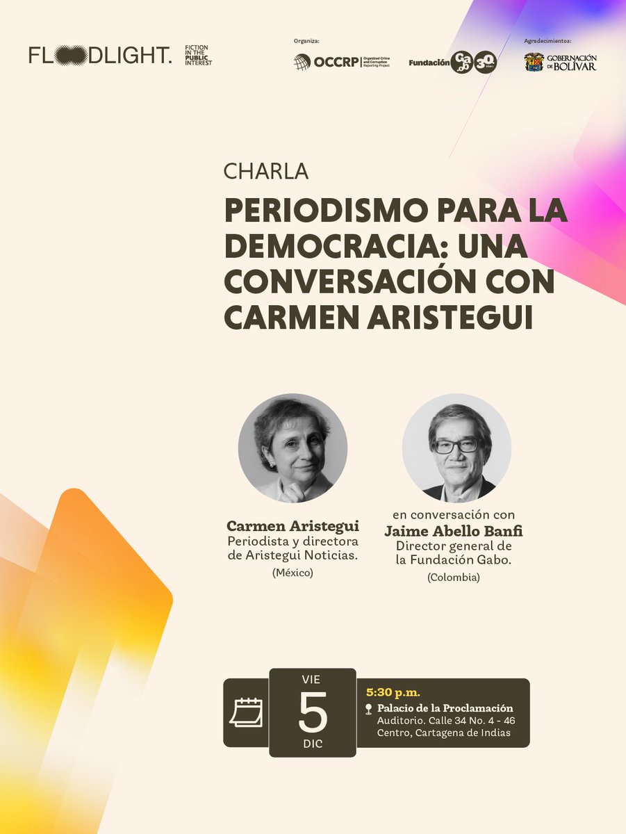FundacionGabo's tweet image. 📢 ¡Participa en los eventos abiertos al público de la tercera edición de la Cumbre #Floodlight!

Acompáñanos en esta franja de actividades en Cartagena, Colombia 🇨🇴, y descubre cómo hacer periodismo desde formatos creativos con amplio alcance.

Entrada libre.
Conoce todos los