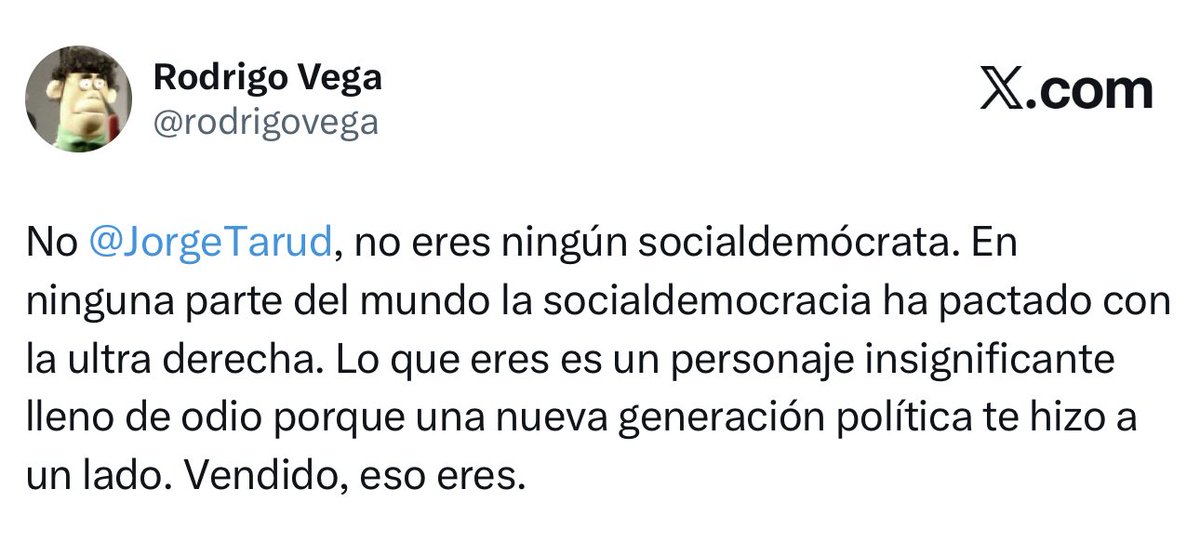 La primicia de este abogaducho, es que la socialdemocracia chilena es de izquierda... El otro problema es debatir con Tarud... El tercero es creer qué tienen alguna opción electoral, dónde los descuelgues u opiniones de tarud y otras marcan la brújula.