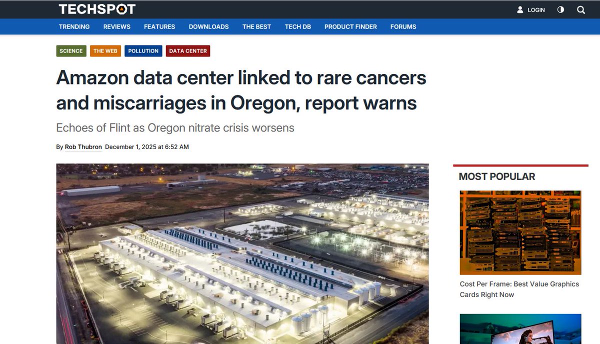 mmtchi's tweet image. L&apos;article le plus bizarre du jour: Amazon et ses data centers sont liés à des des cancers &amp;amp; fausses couches rares chez des habitants de l&apos;Oregon

De plus en plus de gens dans la zone annonçaient des problèmes médiaux non expliqués.

Ce serait la concentration de nitrates, venant…