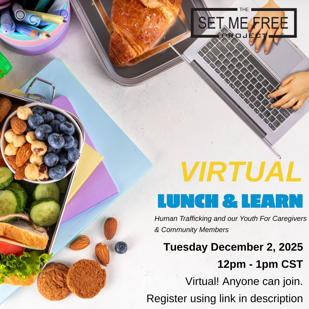 TheSMFProject's tweet image. TOMORROW! 🍽️💻
For Giving Tuesday, The Set Me Free Project® will hold a Virtual Lunch &amp;amp; Learn on Human Trafficking &amp;amp; Our Youth (for caregivers + community members).

🗓️ Dec 2 | ⏰ 12–1pm CST
📍 Virtual – open to all

Register with the link! loom.ly/qJnsFT4