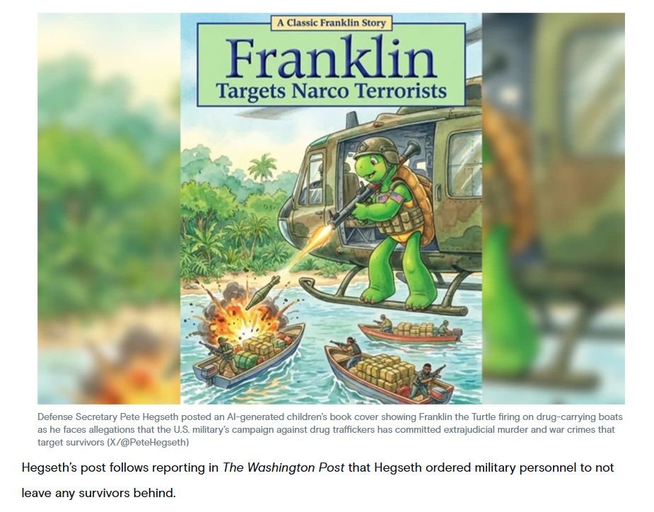AandNoa's tweet photo. Believe it or not, this is what Hegseth posted after the Washington Post said he ordered that second strike on the survivors.  

He used Franklin the Turtle, from a beloved series of books for children.  Despicable! https://t.co/hk4sfcS1Bt