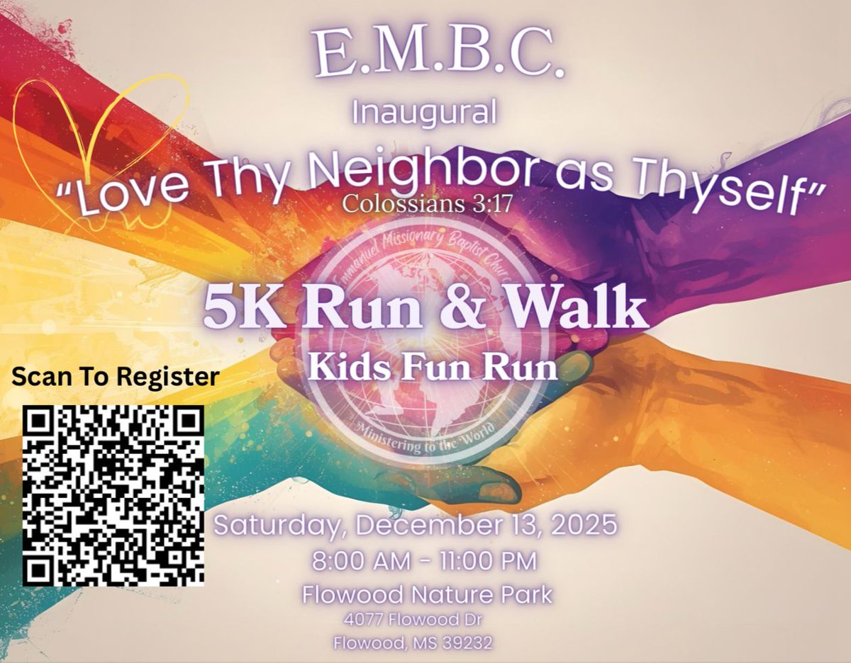 RodsRacers's tweet image. 👨🏽‍👩‍👧‍👦 Inaugural Love Thy Neighbor As Yourself 5k &amp;amp; Fun Run
📅 12.13.2025
⌚ 8:AM
📍Flowood Nature Park - Flowood, MS
#5k #funrun #loveoneanother #running #walking #runmississippi 
🔗 f.mtr.cool/xtyxfedix
