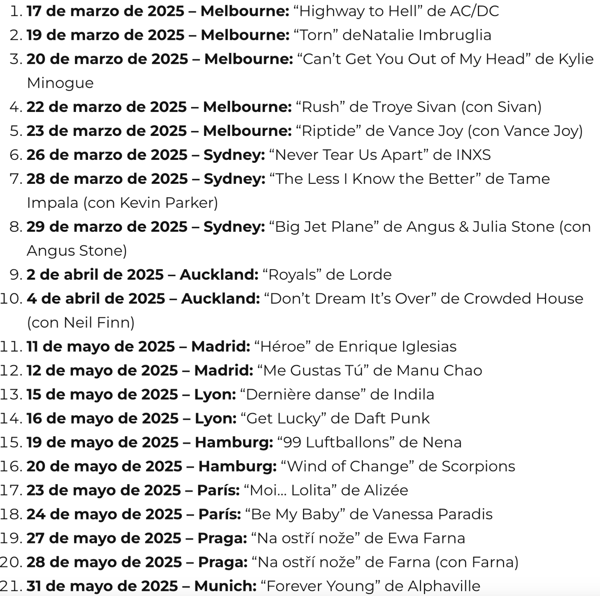 DUA LIPA HA HECHO MÁS DE 60 COVERS EN SU ACTUAL GIRA 😱

Nos clavamos en los setlists de la gira de Dua Lipa y al corte del show en Colombia, van 65. Ahora, sabremos cuáles serán los que tiene preparados para los shows en México. 

Checa el hilo con la lista completa de covers🧵