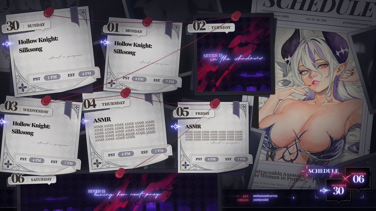 Prot0type7's tweet image. ⟡ SCHEDULE November 30 - December 06 ⟡

MORE SILKSONG MORE ASMR RAHHHH ♡

Also I MIGHT do a few gorilla streams this week, we&apos;ll see 👀