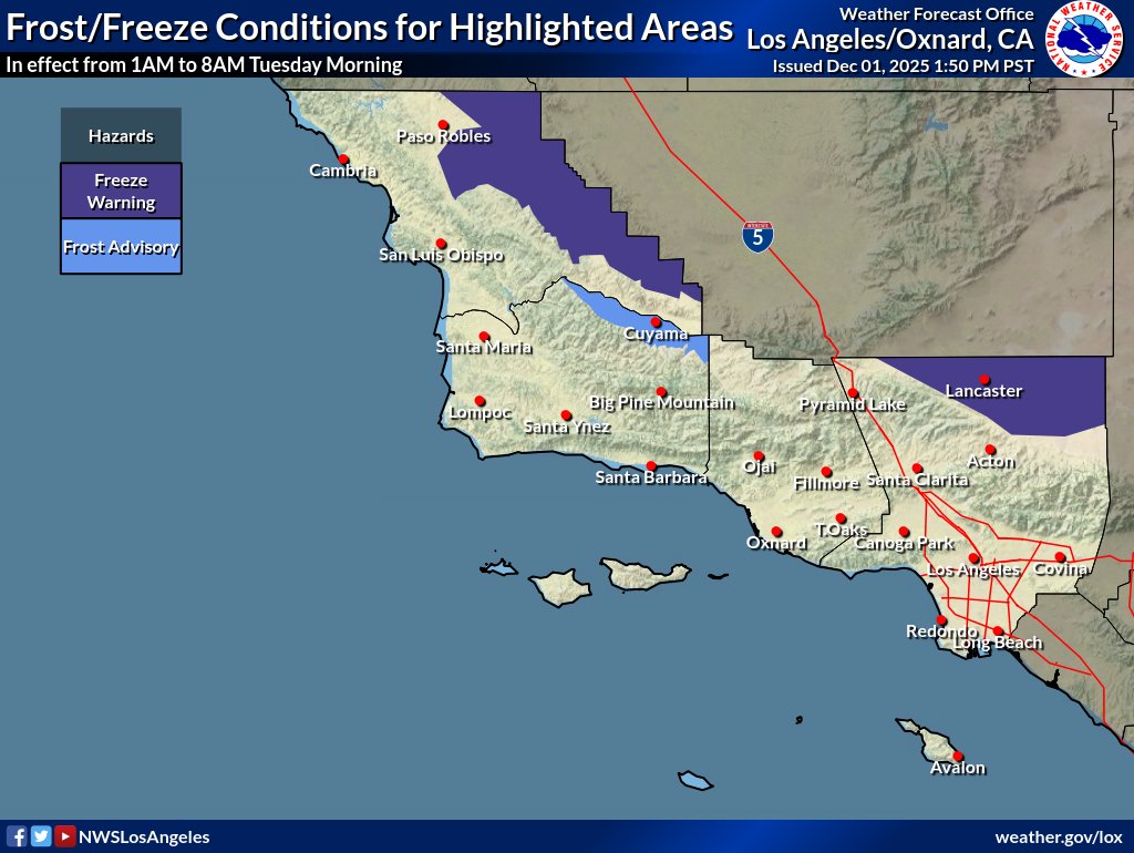 NWSLosAngeles's tweet image. Temps will be near to below freezing for the interior tonight into Tues AM, &amp;amp; Thurs AM could be even colder.  Freezing temps can kill crops &amp;amp; other plants. Cover vulnerable plants, provide warm shelter for your pets/animals, &amp;amp; protect vulnerable outdoor plumbing. #cacold #freeze