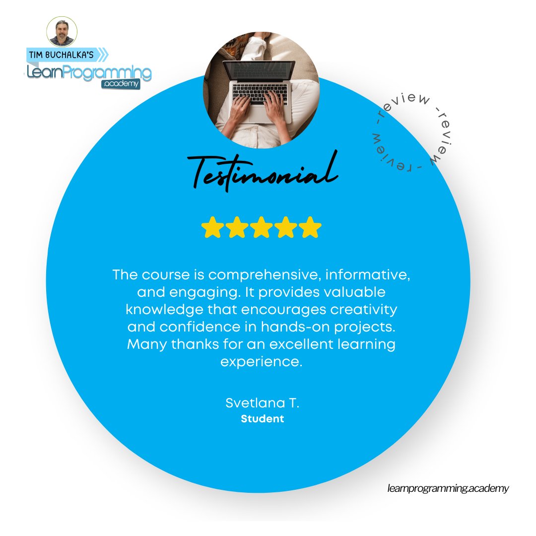 timbuchalka's tweet image. Student Spotlight: 

Svetlana T. 
5 Stars🌟

At Learn Programming Academy, our mission is to turn curiosity into capability. Svetlana’s experience reflects exactly that; gaining not just knowledge, but the confidence to build, experiment, and create real projects.

Start today!