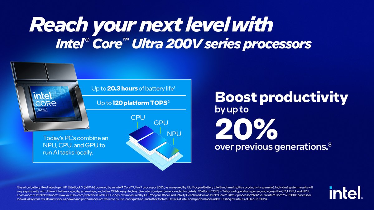 IntelBusiness's tweet image. We all deserve someone to look up to. 

With higher platform TOPS, integrated hardware, and longer battery life, #IntelCoreUltra 200V series processors set a new standard for tomorrow&apos;s business #PCs. See how at ms.spr.ly/6015tbLA5