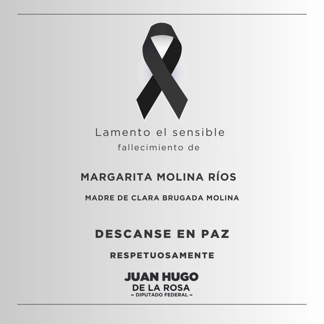 Mi más sentido pésame para <a href="/ClaraBrugadaM/">Clara Brugada Molina</a>, Jefa de Gobierno de la Ciudad de México, por la sensible pérdida de su señora madre, Margarita Molina Ríos. Envío mis sinceras condolencias para sus seres queridos. Descanse en paz.