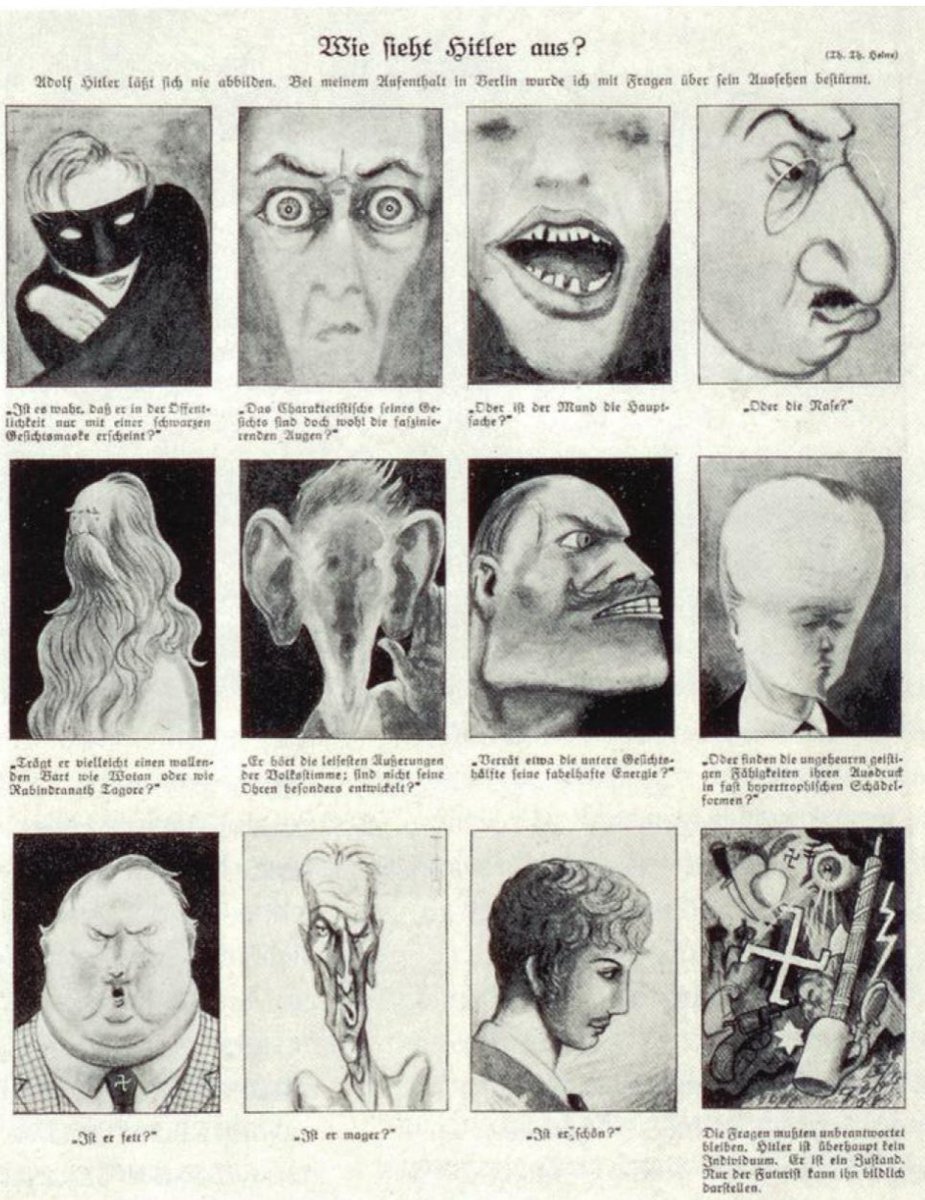 sentinl_grave's tweet image. In 1923, before there were any photos of Hitler publicly available, Simplicissimus ran an issue featuring 12 caricatures of the man titled “What does Hitler look like?” Some of these are lazily mocking him, one is just a drawing of Mussolini, but peep the 1st one on the top left.