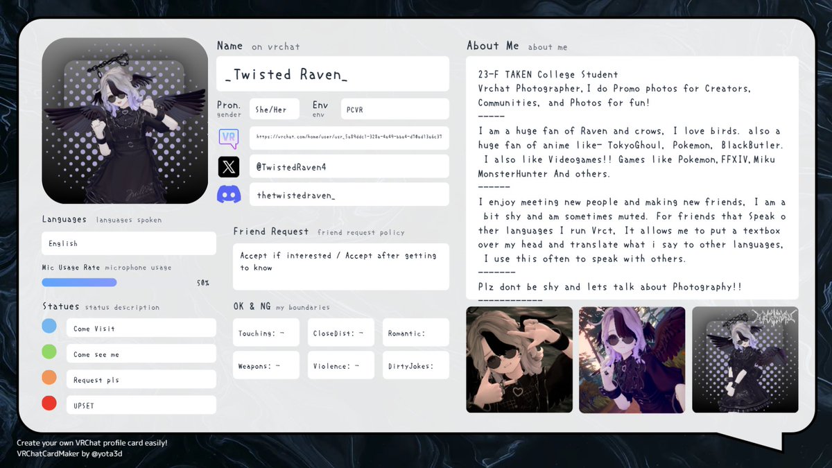 TwistedRaven4's tweet photo. I made my profile card!
#MyVRChatCard
#VRChatCardMaker https://t.co/0sHzd8wTrh