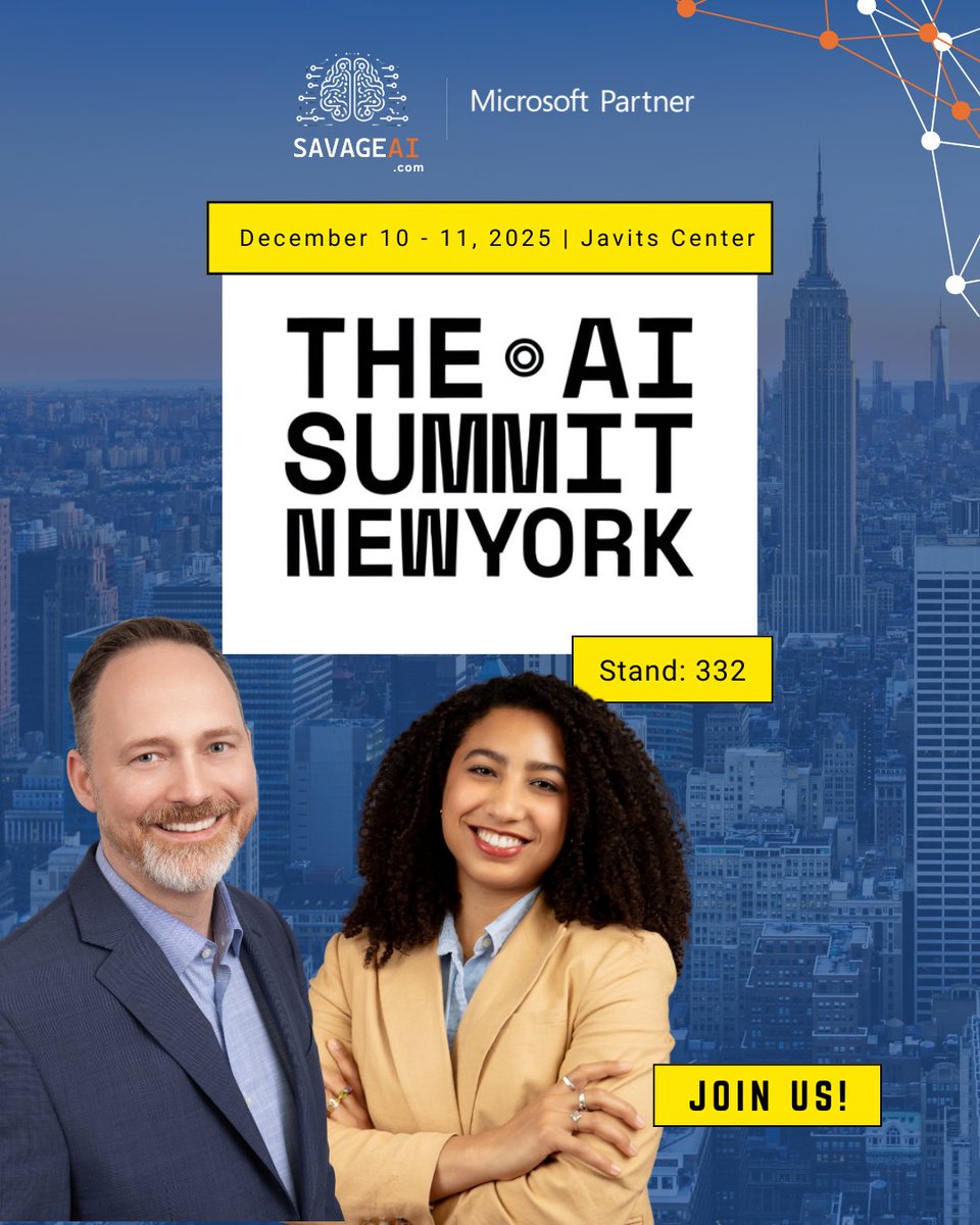 SAVAGEAIDOTCOM's tweet image. We’re exhibiting at @Business_AI on Dec 10–11.
Come see us at Stand 332 for real Microsoft 365 AI insights.

NYC — let’s talk AI strategy.
➡️ savageai.com

#SAVAGEAI #MicrosoftCopilot #AzureAI #TheAISummit #Microsoft365 #NewYork