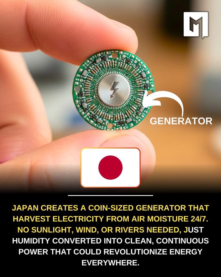 YujunWale's tweet image. 日本京都大学的研究人员发明了一种硬币大小的微型发电机，它能利用空气发电。

该装置使用一种特殊的纳米薄膜层吸收大气中的水蒸气，并将其转化为稳定的电流。

与太阳能或风能不同，这种发电机无需阳光或风力，即可全天候工作，室内外皆可使用。…