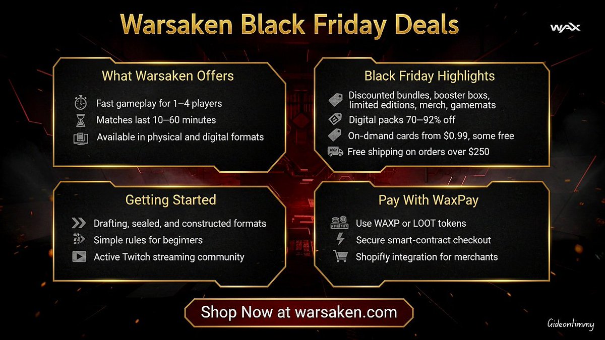 Warsaken’s Black Friday deals are now live, bringing deep cuts on bundles, boosters, gamemats, &amp; digital packs — some dropping up to 92%.

With #WAXPAY, you can check out using $WAXP or $LOOT quickly &amp; securely.

A great moment to step right into the <a href="/TheWarsaken/">Warsaken®</a> universe today.