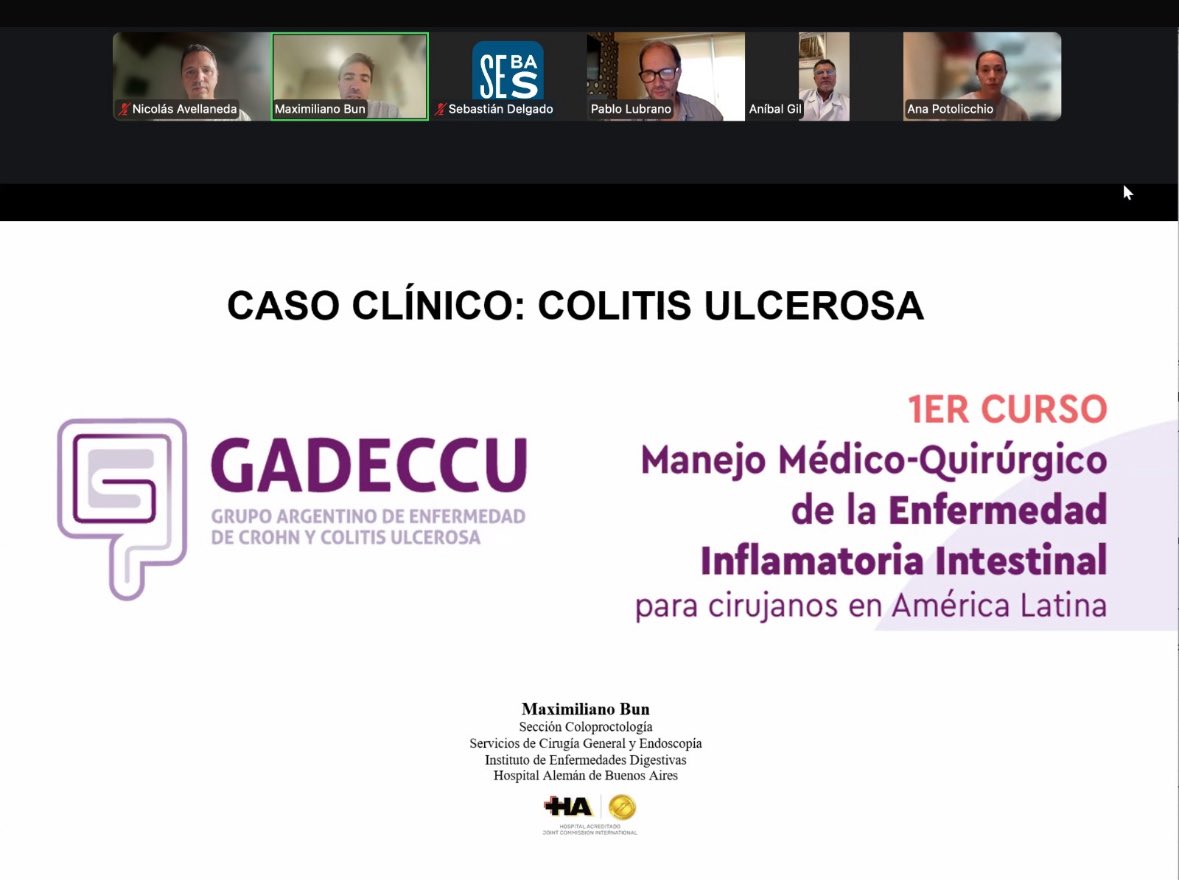 nlavellaneda's tweet photo. Some pictures of the second webinar of the #GADECCU IBD course for latín american physicians, discussing Ulcerative Colitis cases.
Special thanks to the 150 students who took this course during the year, and to the experts who brought their expertise to the webinar including @GaertnerWB @marcmarti @TejedorPat @GianlucaPellino @cassella81 #pablolubrano #anibalgil
Great cases presented by @Anapot2 @maximiliano_bun 💯💯💯
@geteccu @ColorectalDis @AmCollSurgeons