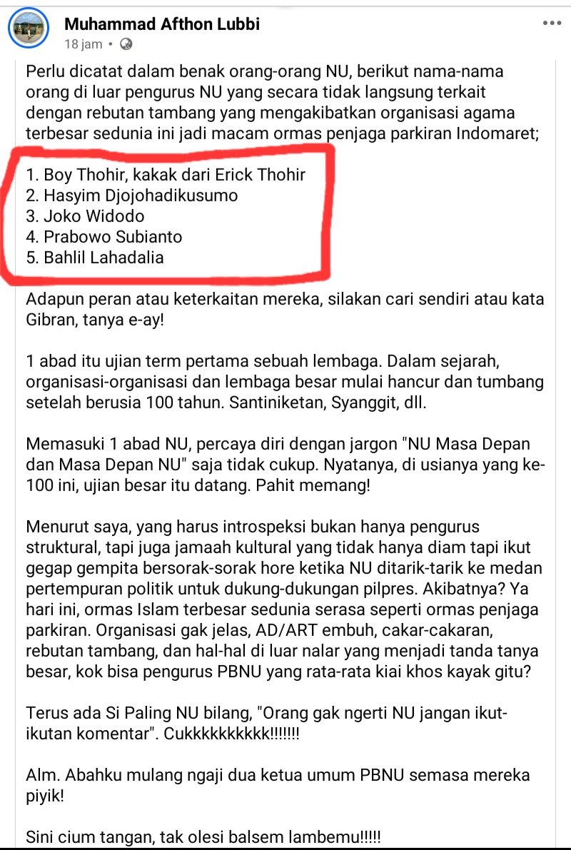 Hei wong NU melek o !!!
Inget nama2 ini ya
<a href="/bahlillahadalia/">Bahlil Lahadalia</a> 
<a href="/prabowo/">Prabowo Subianto</a> 
<a href="/jokowi/">Joko Widodo</a> 
Boy thohir Kakaknya <a href="/erickthohir/">Erick Thohir</a>
Hasyim Djojohadikusumo

Yg membuat PBNU tarik TAMBANG dan jadi KNDUNYAN rebutan PROYEK apalagi pas COPRAS CAPRES