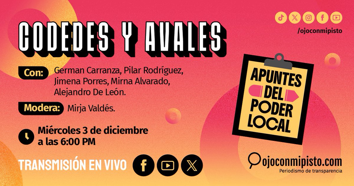_ojoconmipisto's tweet photo. Antes de cerrar este 2025, el equipo de #Ojoconmipisto🔍 presentará un análisis🤓 sobre el tema principal para los gobiernos locales: los Codede y avales, con la aprobación del decreto 7-2025.👀 ¡Participa en el último #ApuntesDelPoderLocal del año, el 3 de diciembre a las 6PM!🤩 https://t.co/gWqcGvcG3h