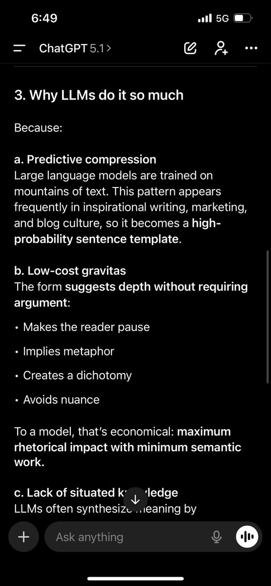 ChristieSmythe's tweet image. Chatgpt taught me some fascinating technical grammar terms for the weird binary parallelism it uses all the time. “Copular clause (X is Y) combined with a contrastive, gnomic punchline.”

This is a good flag for AI writing, btw, because humans don’t do it very often.
