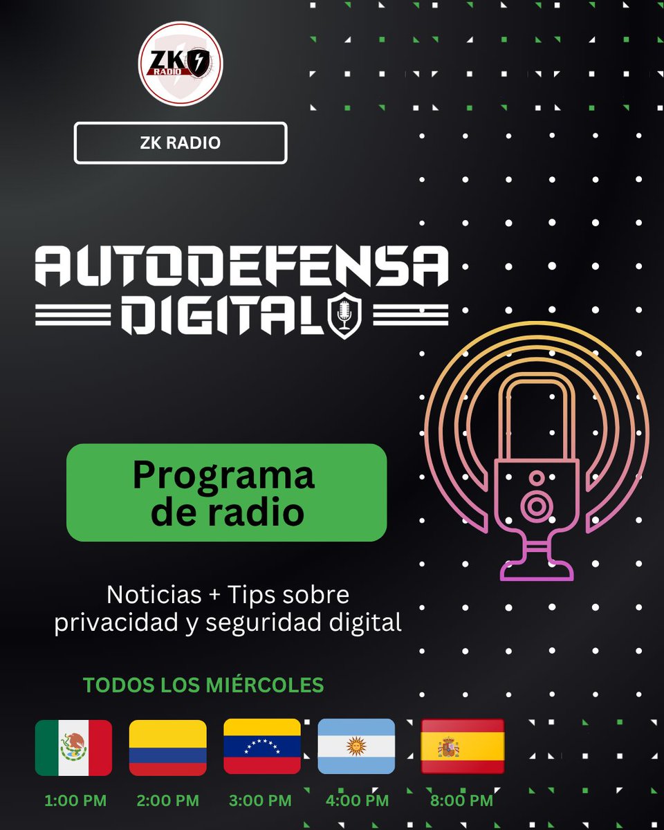 📢 ¡Autodefensa Digital!

Bienvenido a tu programa de radio sobre privacidad y seguridad digital por <a href="/zkradioz/">ZK Radio</a>. 🎙

Tendrás acceso a noticias y tips para una navegación más segura por Internet. 🛡

¡Activa tu recordatorio! 🔔

🔗 zcashesp.com/zk-radio/