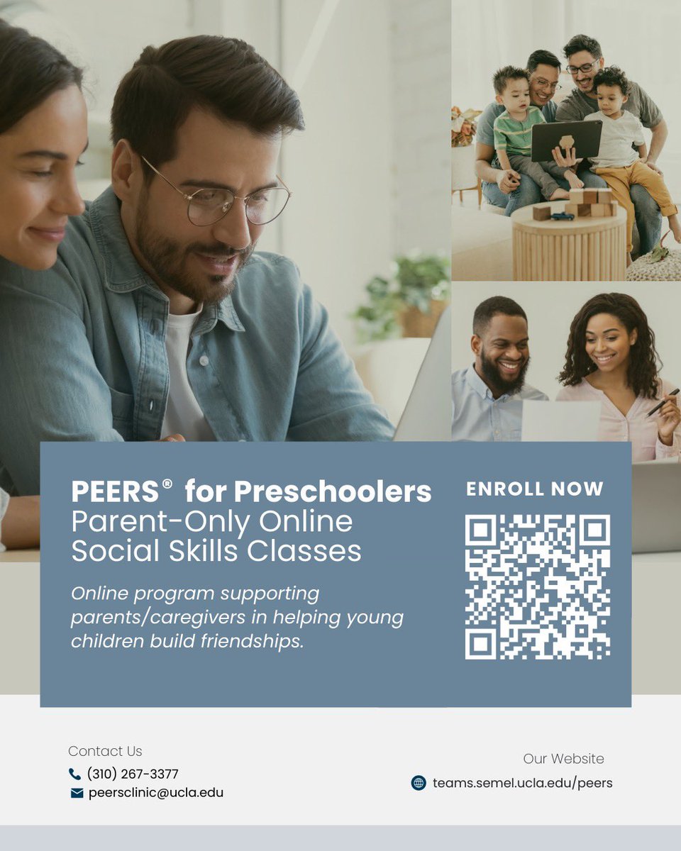 Enrollment for our PEERS® for Preschoolers Parent-Only, Online Social Skills Program is OPEN📢

Our upcoming group starts March 17th, 2026 - with limited spots available!!

Contact the UCLA PEERS® Clinic to learn more or begin the enrollment process.