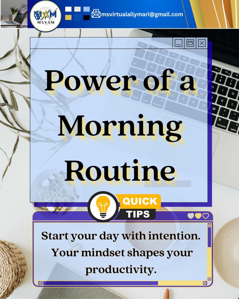 Basco_Marilyn13's tweet image. A structured morning sets the tone for your day. Start with a clear plan, prioritize tasks, and set your mindset for success.

#MorningRoutine #VirtualAssistantTips #MSVAM #WorkSmarter #Productivity