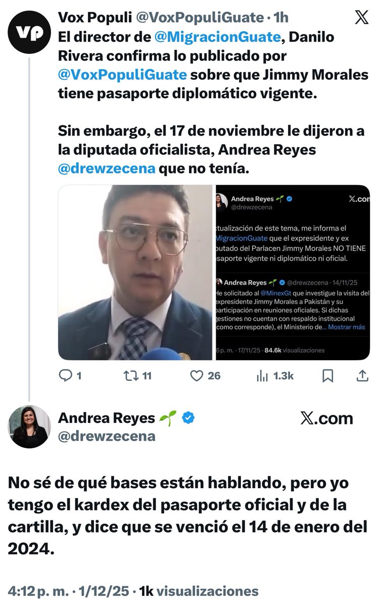 Diputada <a href="/drewzecena/">Andrea Reyes 🌱</a>, en <a href="/VoxPopuliGuate/">Vox Populi</a> presentamos hechos:

Expresidente Jimmy Morales y el excanciller Mario Búcaro sí tienen pasaporte diplomático

Ahora lo niegan

Por cierto, presente una iniciativa de ley para que ustedes no mantengan ese privilegio, porque es un abuso