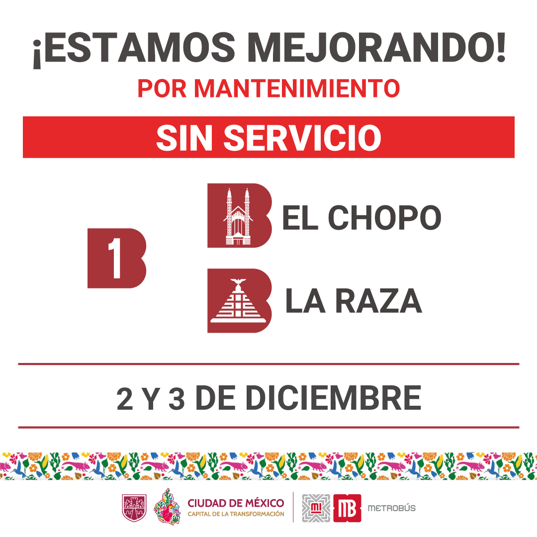 MetrobusCDMX's tweet photo. ⏰ ¡Recuerda!

👉Estas son las estaciones de Metrobús que hoy martes 2 de diciembre  y mañana miércoles 3 de diciembre no brindan servicio por trabajos de mantenimiento. 🚧🫡

Más información en 📲
https://t.co/oU8f4FfUQ6 https://t.co/dIn7XOq43s